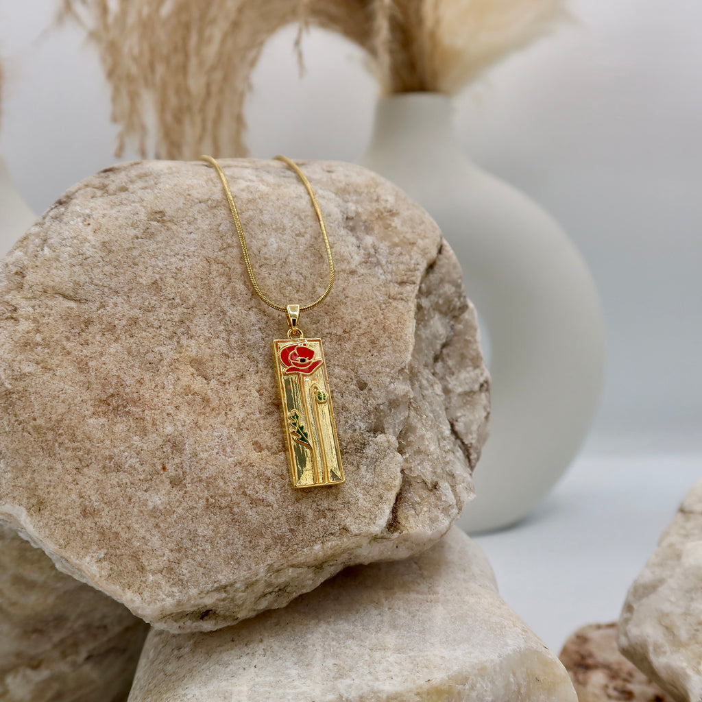 18K Gold Plated Rose Pendant Necklace | Rectangle Floral Necklace on Snake Chain