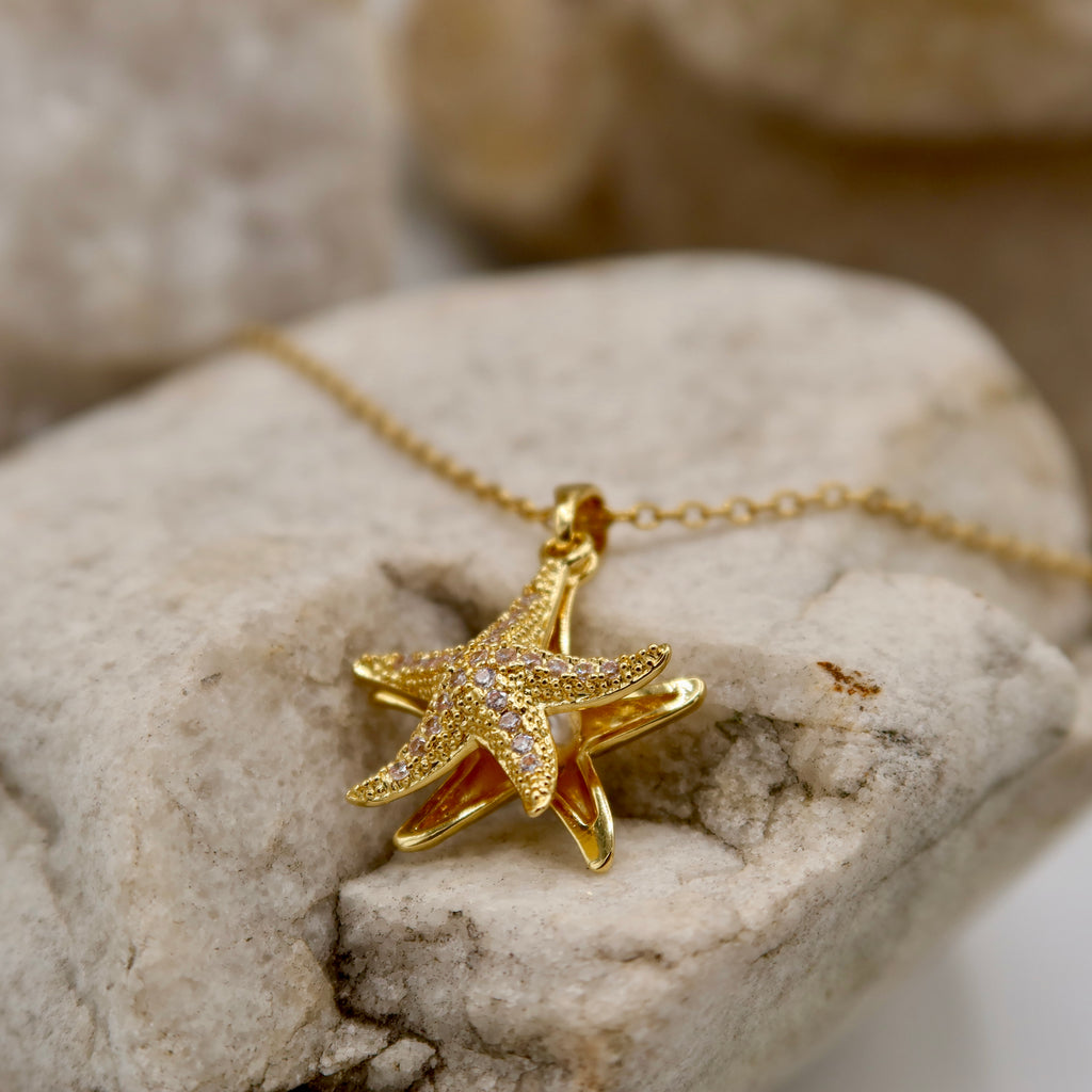 18K Gold Plated Starfish Locket Necklace – Dual Star Charm with Pearl & Crystals