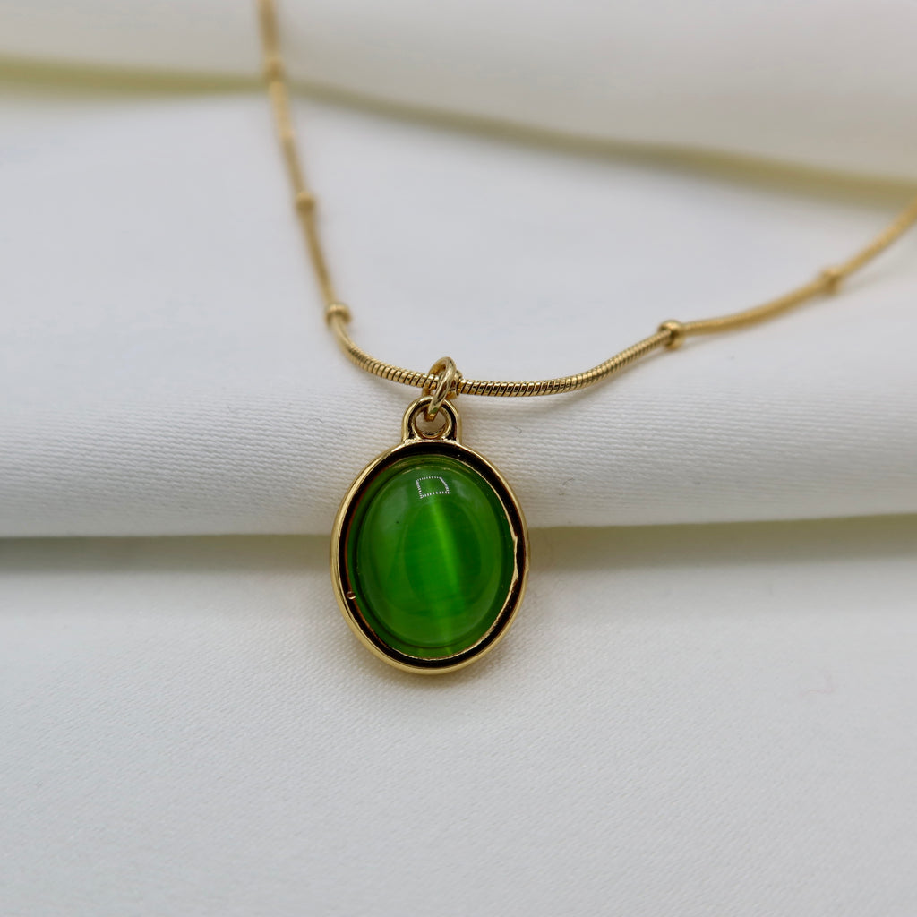 18K Gold Plated Oval Cat’s Eye Stone Necklaces – Beaded Snake Chain in Green, Blush & Cream