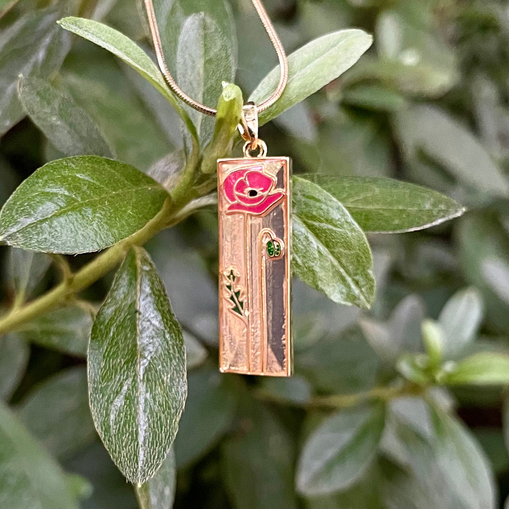 18K Gold Plated Rose Pendant Necklace | Rectangle Floral Necklace on Snake Chain