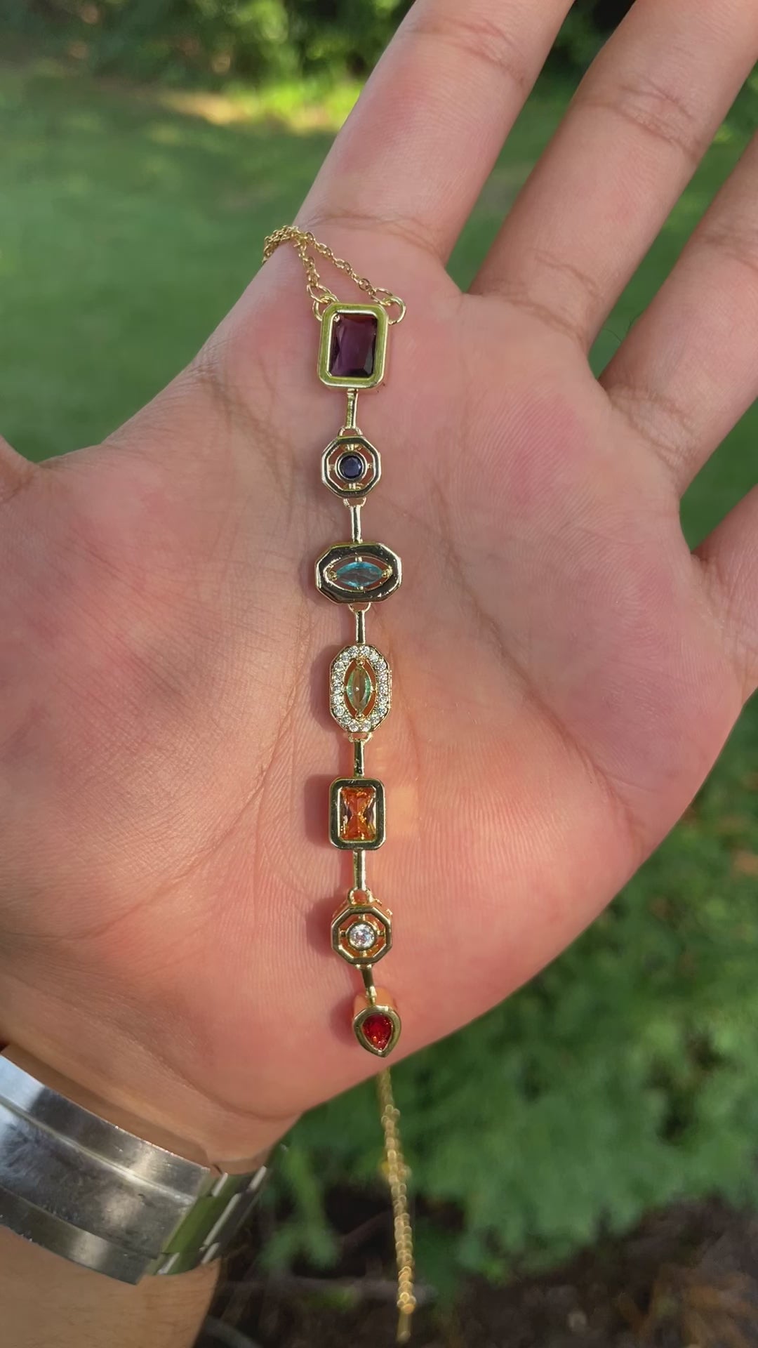 Gold Plated Multi-Gemstone Drop Necklace – Colorful Vertical Pendant with Crystal Accents