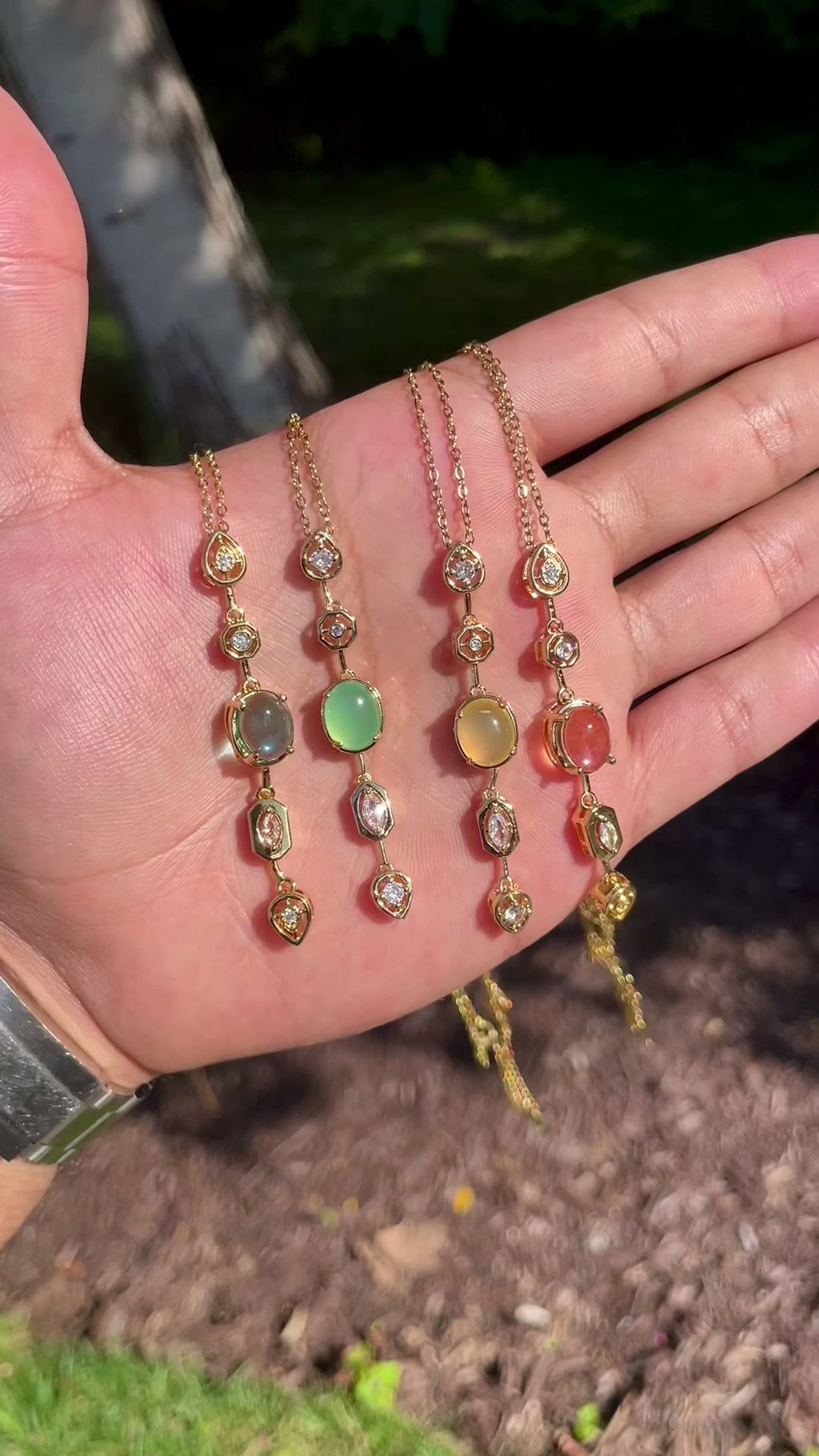 18K Gold Plated Pastel Gemstone Drop Necklaces – Oval Bezel Set Vertical Pendant Collection