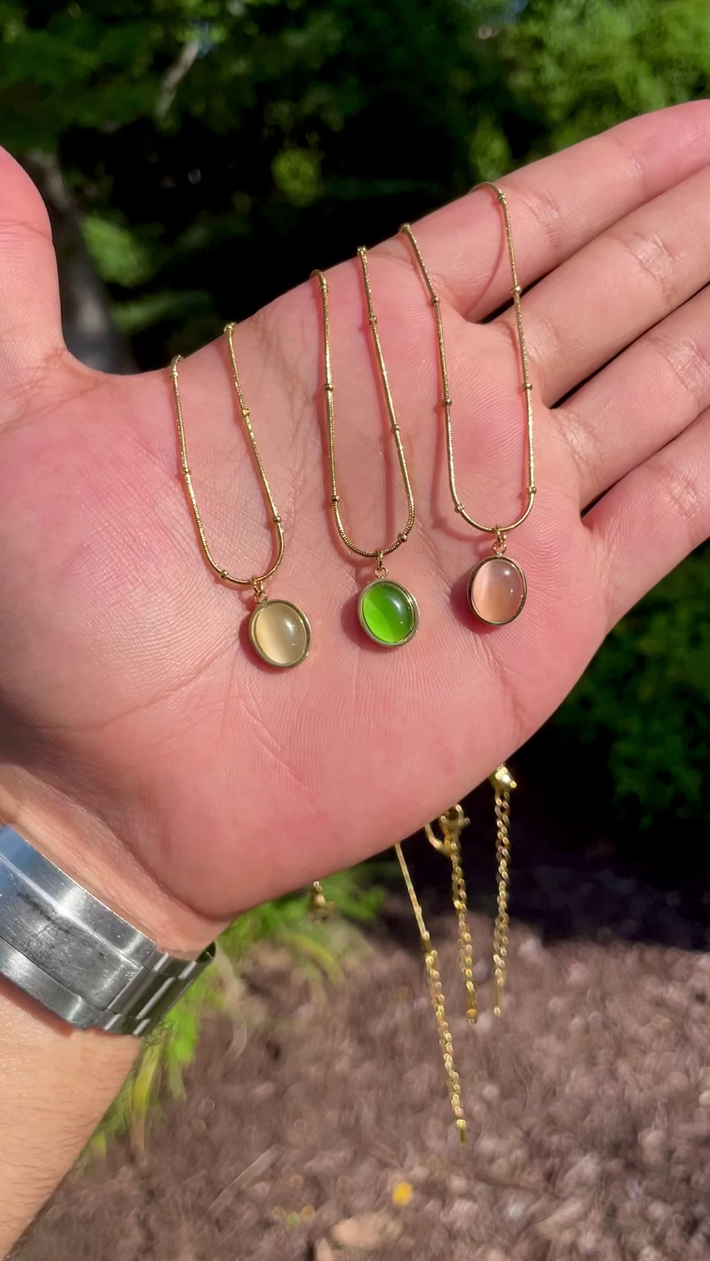 18K Gold Plated Oval Cat’s Eye Stone Necklaces – Beaded Snake Chain in Green, Blush & Cream
