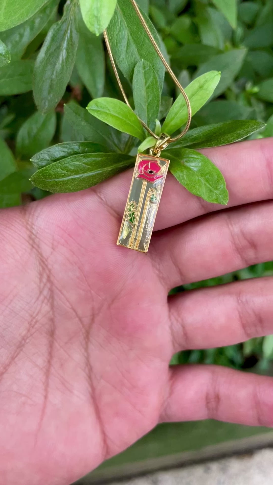 18K Gold Plated Rose Pendant Necklace | Rectangle Floral Necklace on Snake Chain