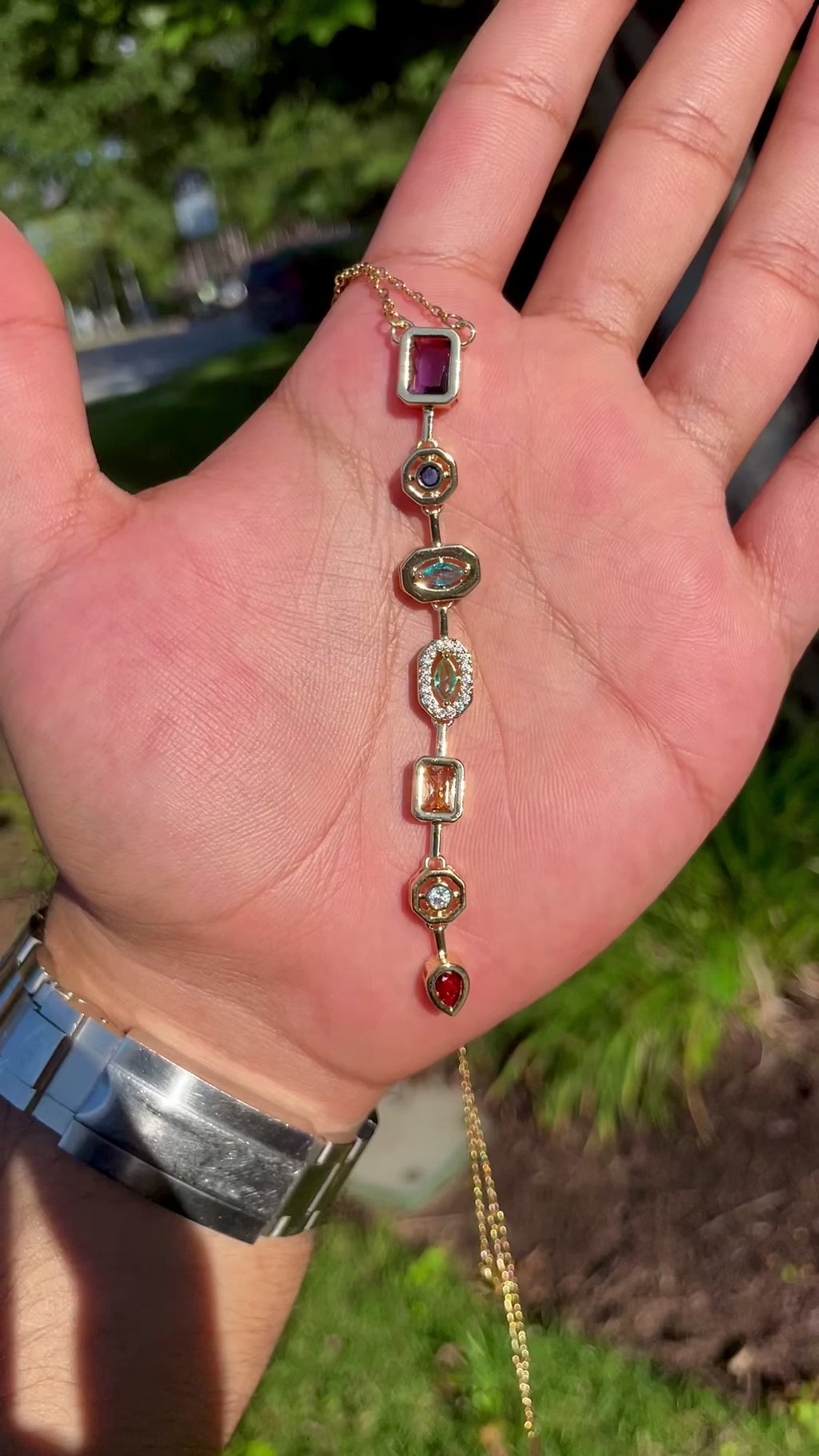 Gold Plated Multi-Gemstone Drop Necklace – Colorful Vertical Pendant with Crystal Accents