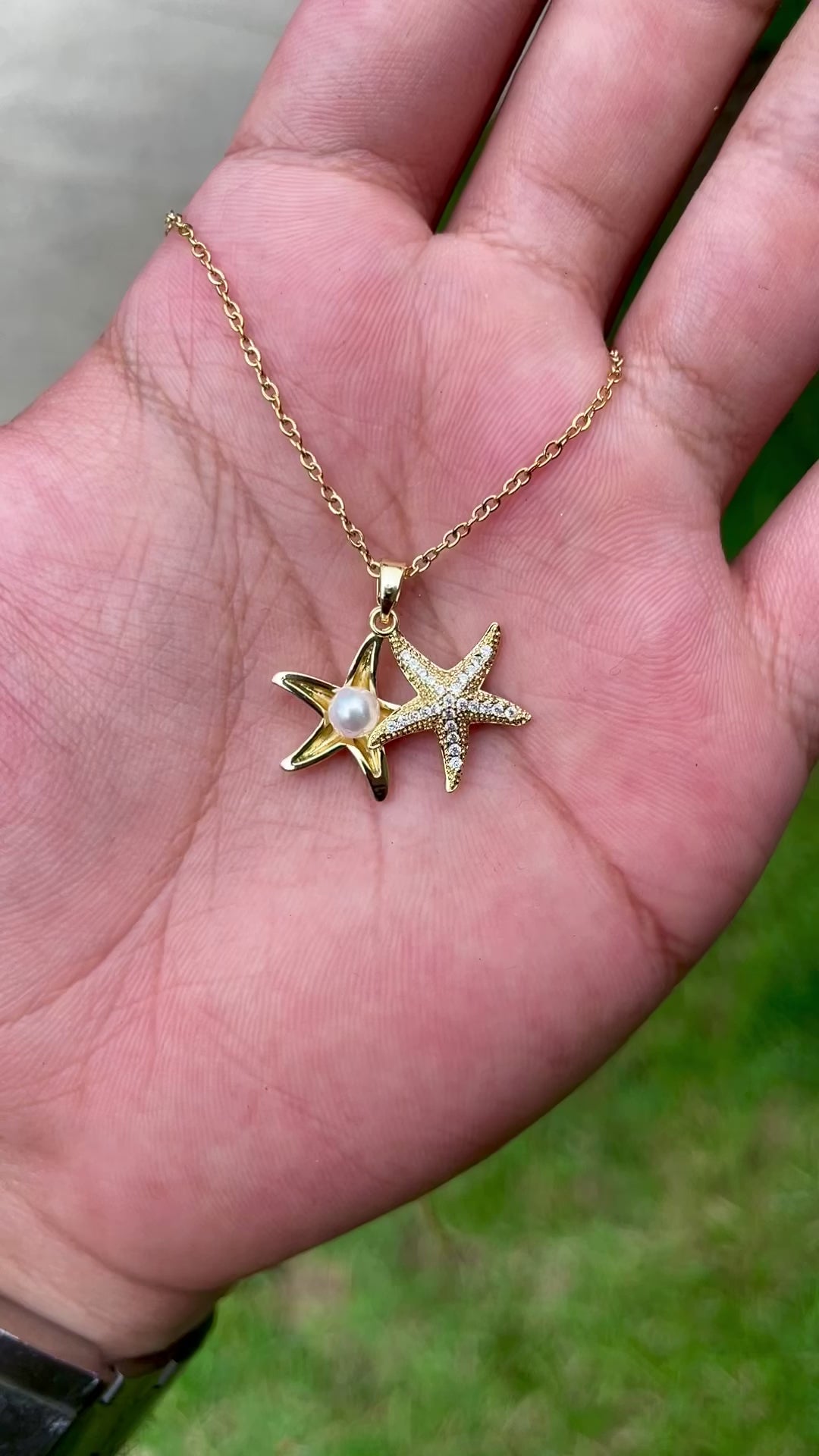 18K Gold Plated Starfish Locket Necklace – Dual Star Charm with Pearl & Crystals